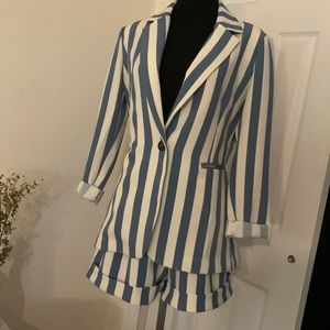 Blue & Off White Vertical Stripe Blazer (part of set)